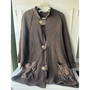 Hand Jive Brown Waffle Knit Cotton Lagenlook Jacket Cardigan Artsy Button XL/OS
